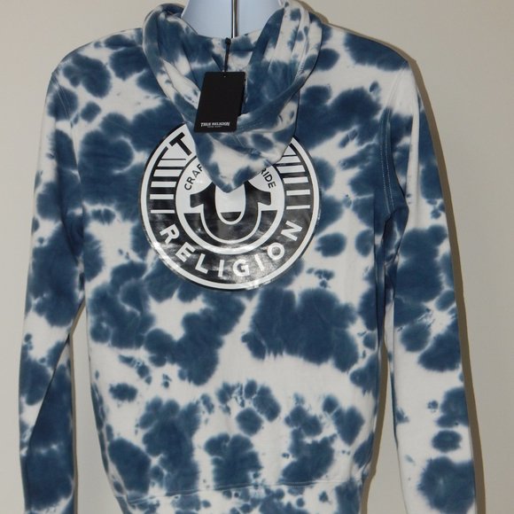 NWT MEN'S TRUE RELIGION BUDDHA TIE DYE PULLOVER HOODIE JACKET DRK BLUE WHITE - Picture 7 of 7